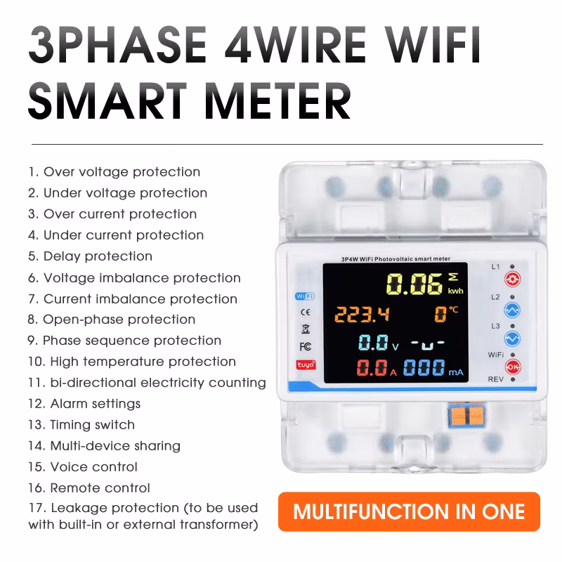 Tuya WiFi 3 Phase Bi-Directional Smart Energy Meter Leakage Overvoltage Undervoltage Protector Remote Control Power