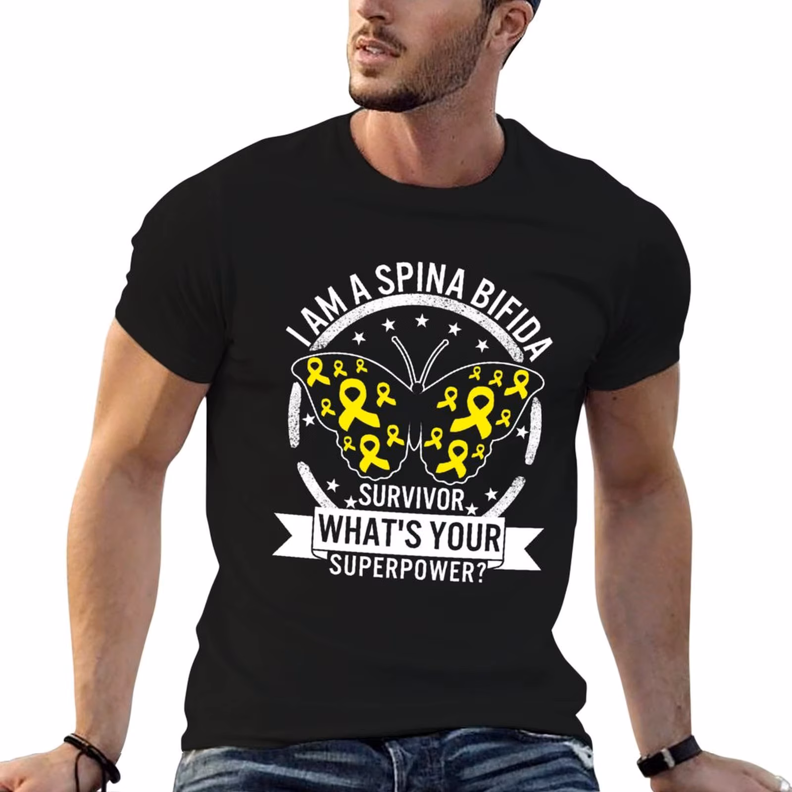 Spina Bifida Awareness Butterfly What's Your SuperPower Yellow Ribbon Love Family Mom Baby Support Gift T-Shirt