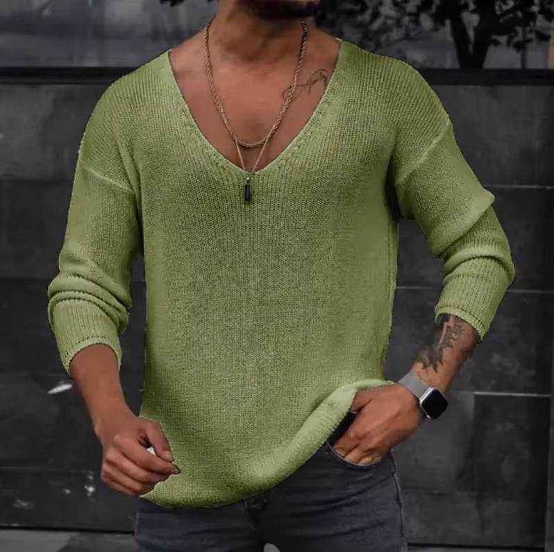 Men 2024 Spring V Neck Rib Bottoming T-shirts Pullover Autumn Long Sleeve Slim Fit Tees Tops Simple Casual Plain Thin