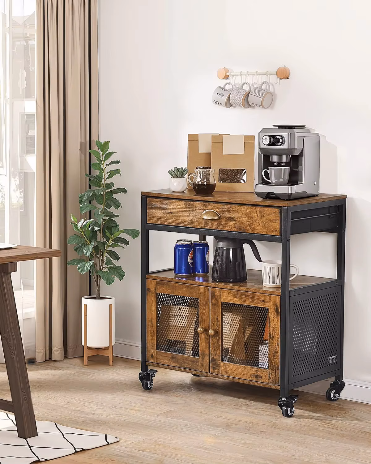 Coffee Bar Cabinet, 24 Inch Farmhouse Bar Cabinet with Storage, Movable Coffee Table with Wheels & Mesh Door，Sideboard