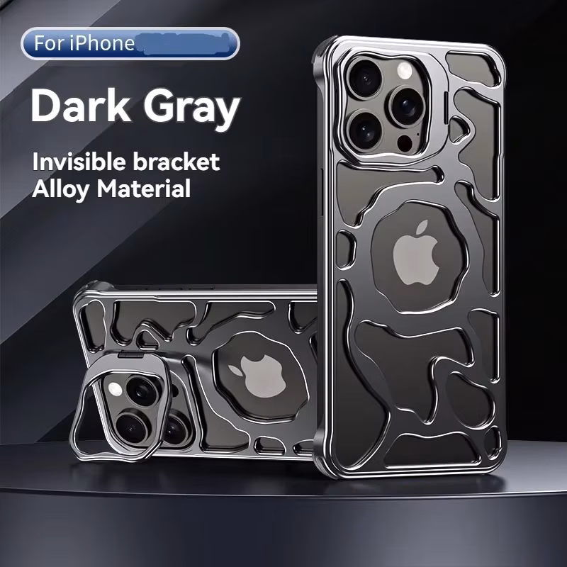 Back Hollow Out Aluminum Alloy Frameless Phone Case For iPhone 16 Pro Max 15 Pro 14 Pro 13 Series With Hide Holder