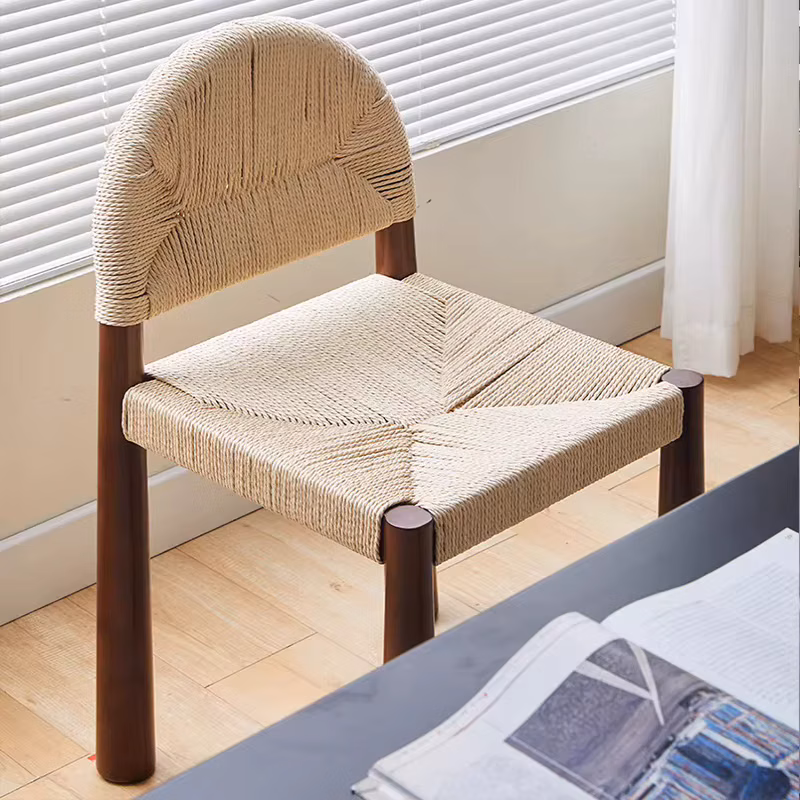 Medieval grass rope dining chair Nordic wabi wind solid wood leisure back chair household Japanese simple retro stool