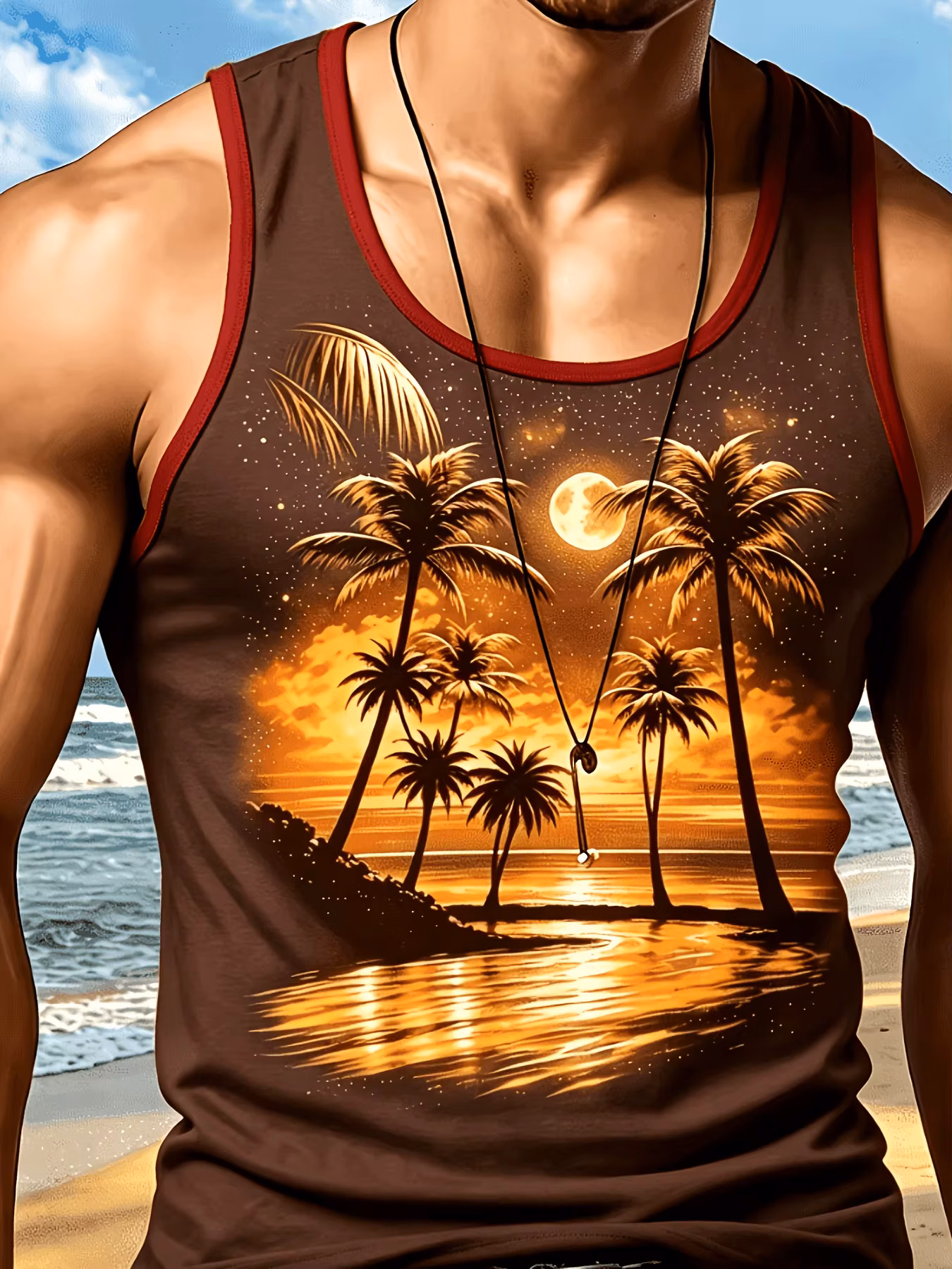 Men's Tropical Palm Tree Moon Beach Graphic Tank Top, Gradient Sleeveless Muscle Vest Summer Casual Holiday Workout
