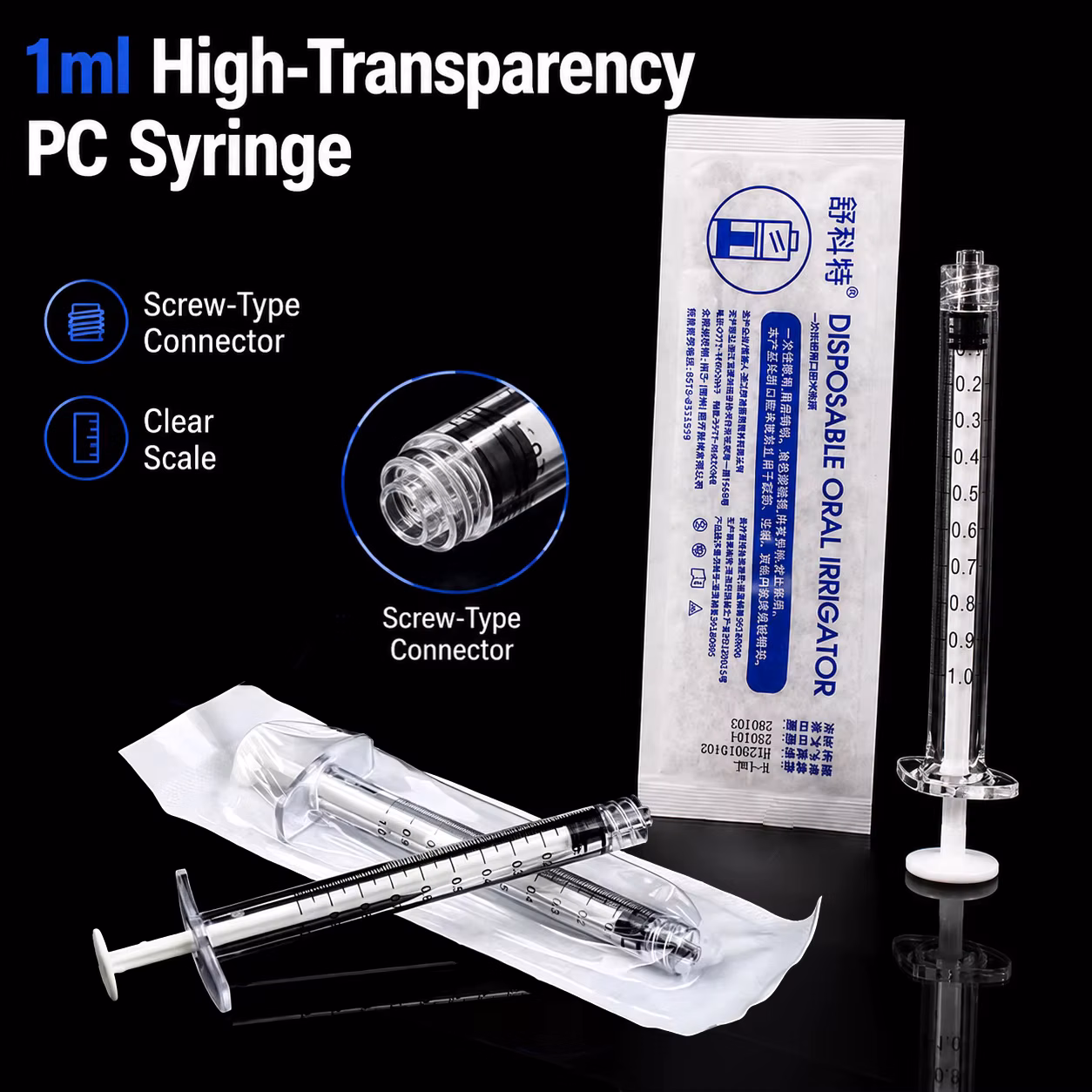 1ml Luer Lock Syringe PC Barrel No Needle Clear Precision Scale Disposable Sterile Syringe for Lab Measuring Liquid