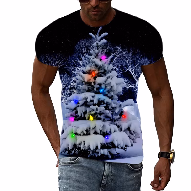 New Christmas Tree 3d Printing Casual Fashion Hip Hop Fun Short Sleeve T-shirt Summer Men's And Children's O-neck Thin