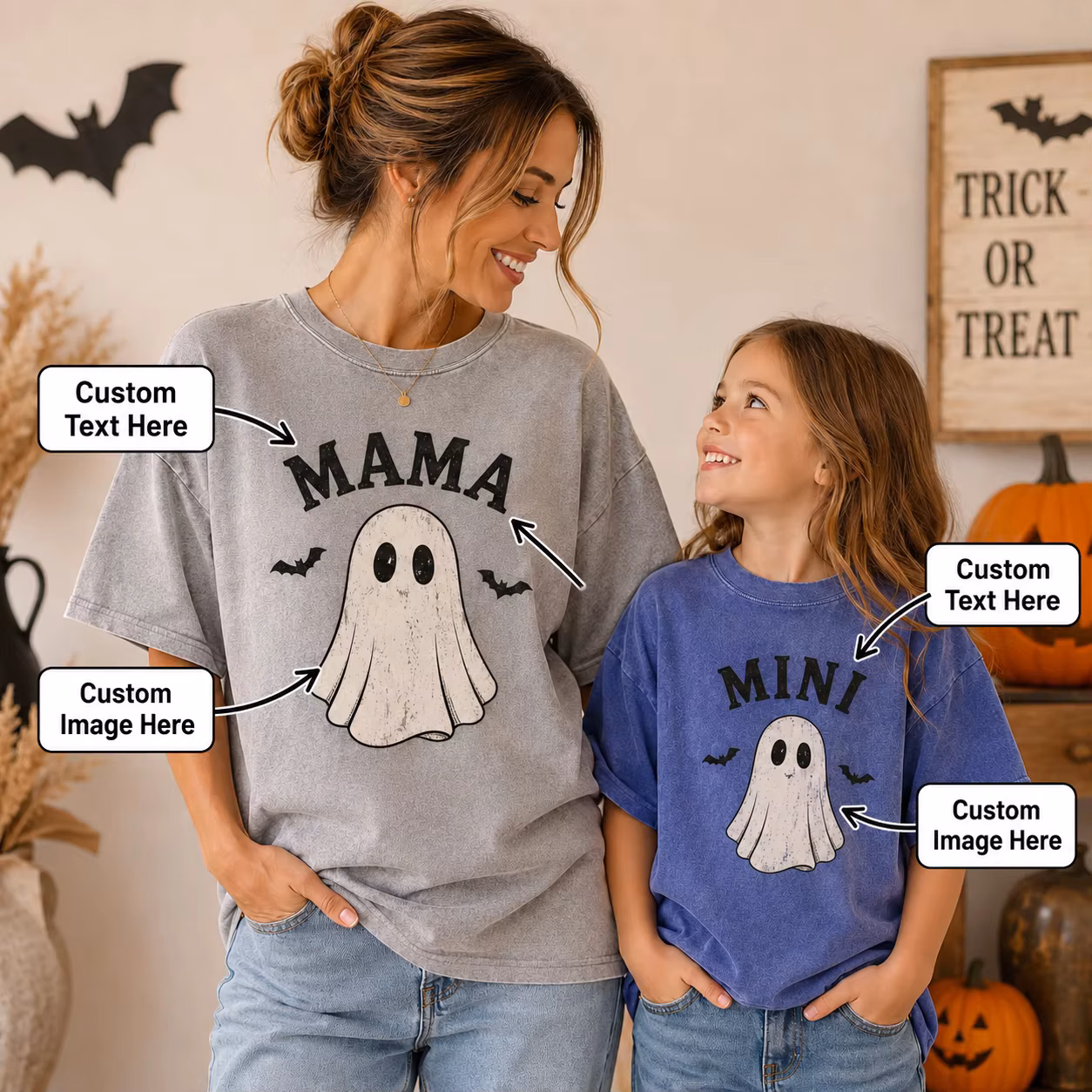 Custom Parent Child Halloween Shirts Personalized Names Matching Vintage Pure Cotton Casual Tee Family Party Mom Kids