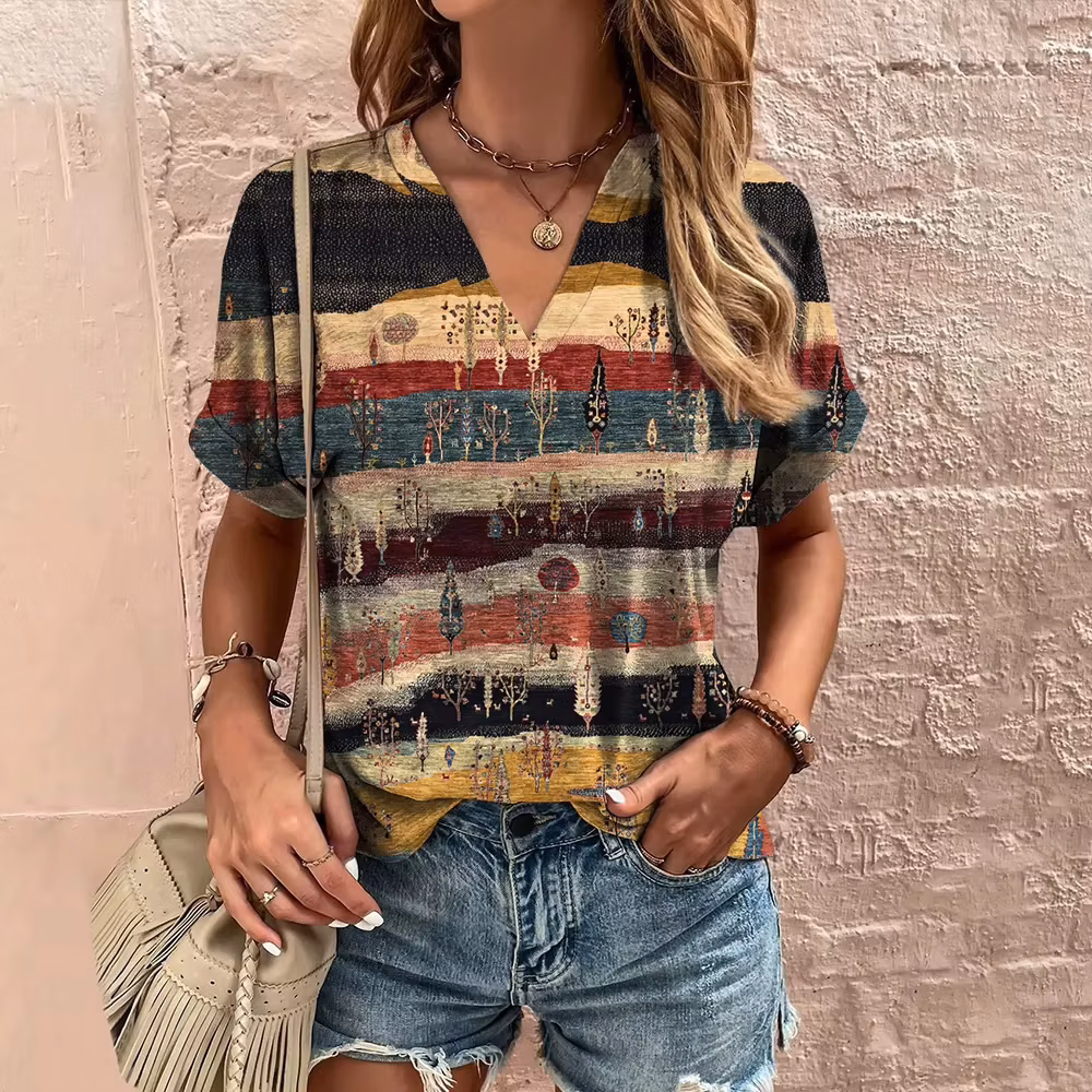 Retro women's T-shirt, V-neck short sleeved shirt, Harajuku striped printed casual women's clothing, streetwear,