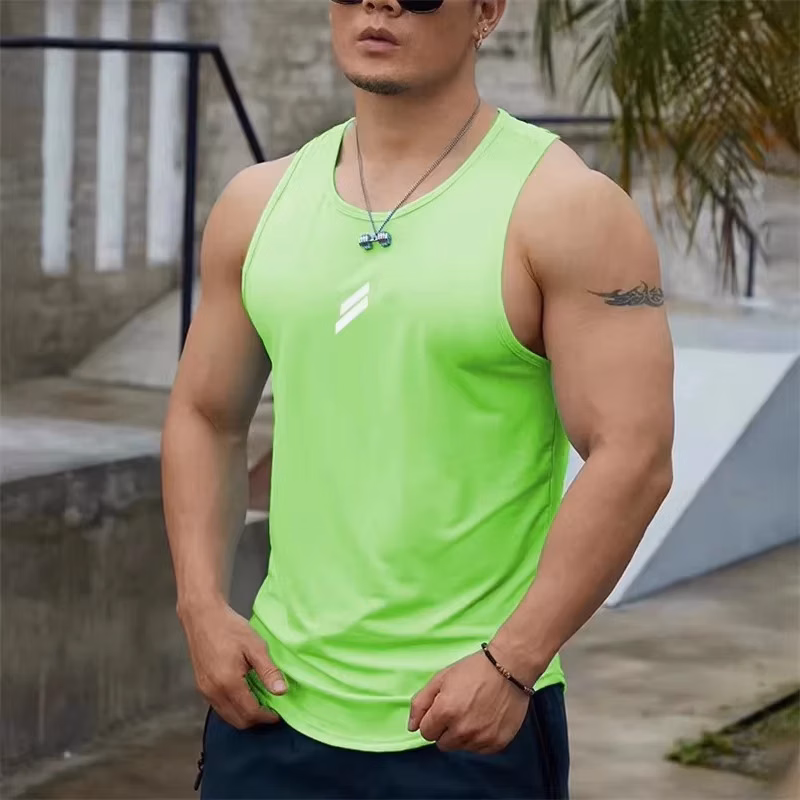 Solid Color Mens Summer Vest Casual Round Neck Mesh 3D Printed Sports Fitness Top Sleeveless Vest Quick Drying