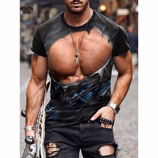 Men Fake Ripped Muscle 3D Print Crew Neck T-Shirt, Optical Illusion Graphic Short Sleeve Tee, Streetwear Casual Summer