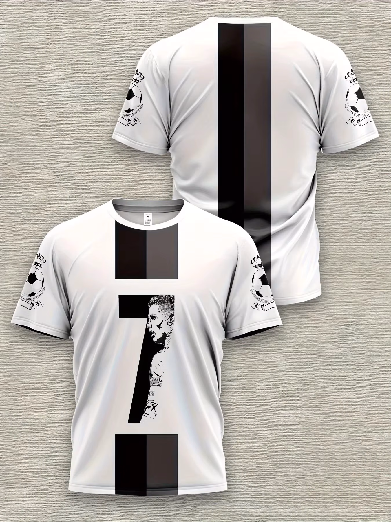 Boys' Novelty Graphic T-Shirt - 3D Digital Print Short Sleeve with Bold '7' & Portrait Design Black & White Contrast