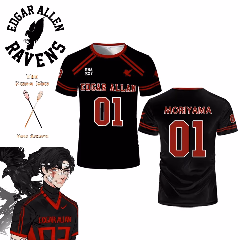 2026 New The Foxhole Court Edgar Allan Ravens Lacrosse Jersey Cosplay Riko Moriyama 3D Tshirt All For The Game Kids
