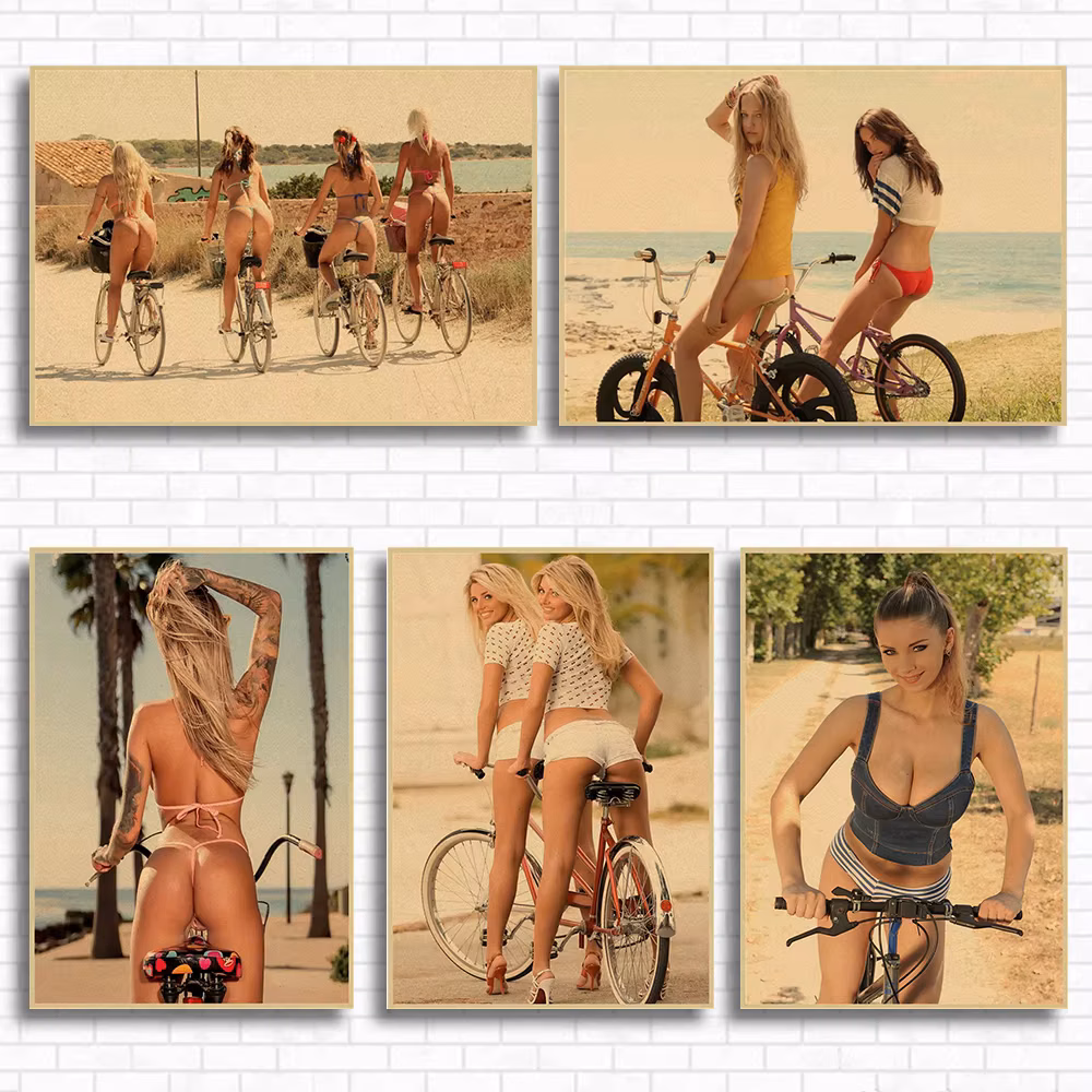 Girl Bicycle Print Bike Vintage Photo Kraft Paper Poster Cycling Painting Picture Bathroom Home Wall Decor