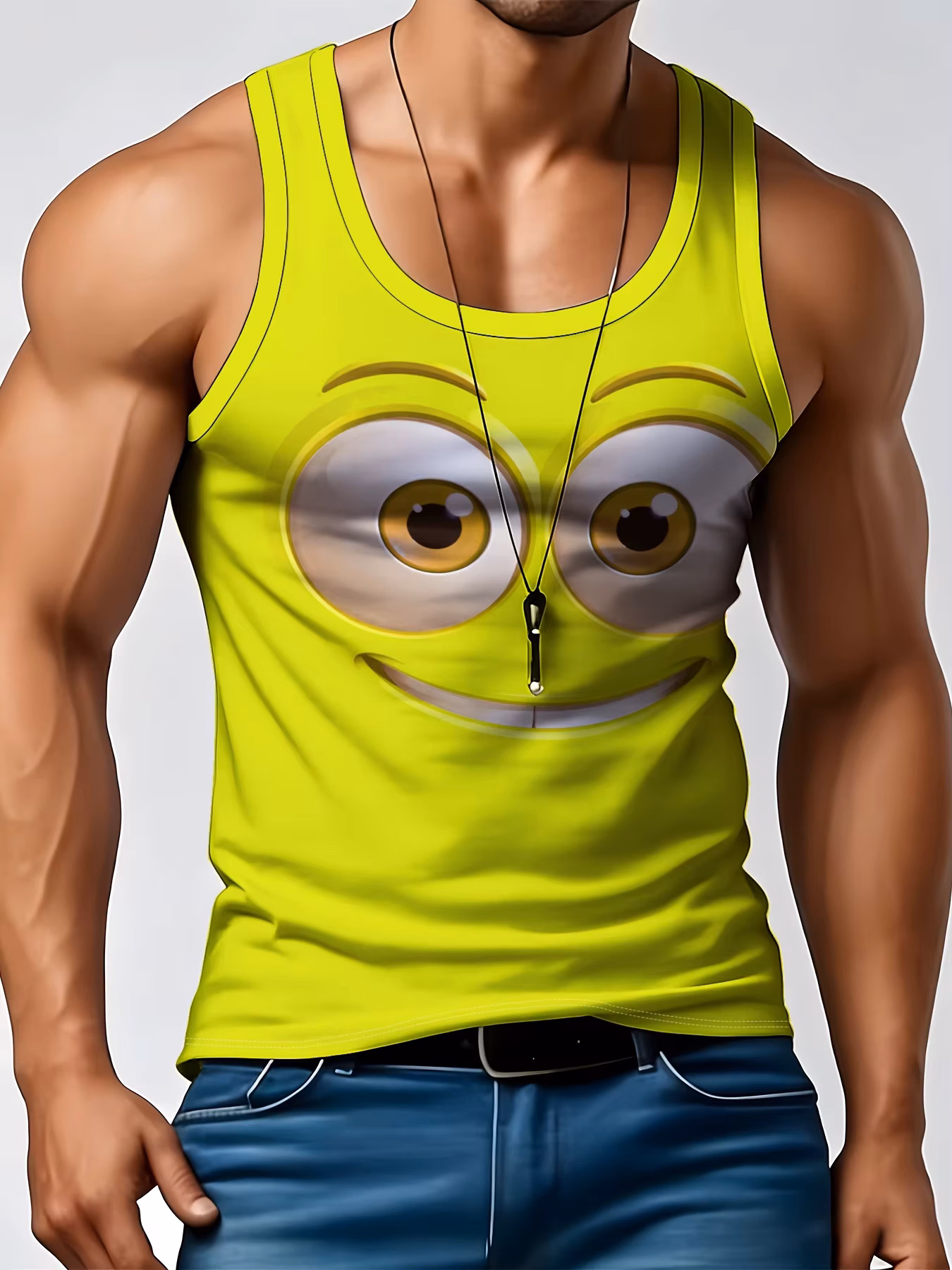 Men's Cute Big Cartoon Eyes Smile Face Graphic Tank Top, Orange Sleeveless Muscle Vest Summer Casual Workout Tank Shirt