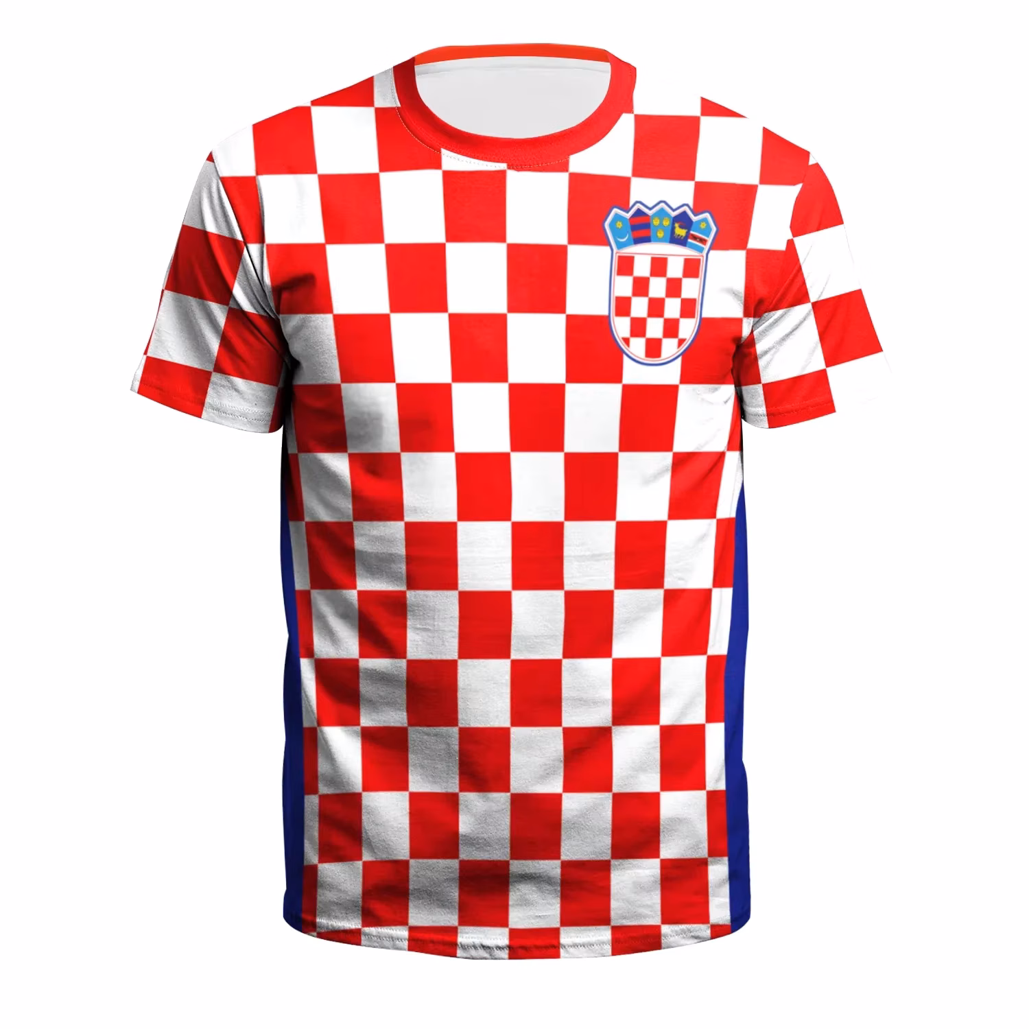 Croatian Style Checkered Football T-Shirt Quick Dry Breathable Sports Jersey Red White Plaid Casual Unisex Tee for Men