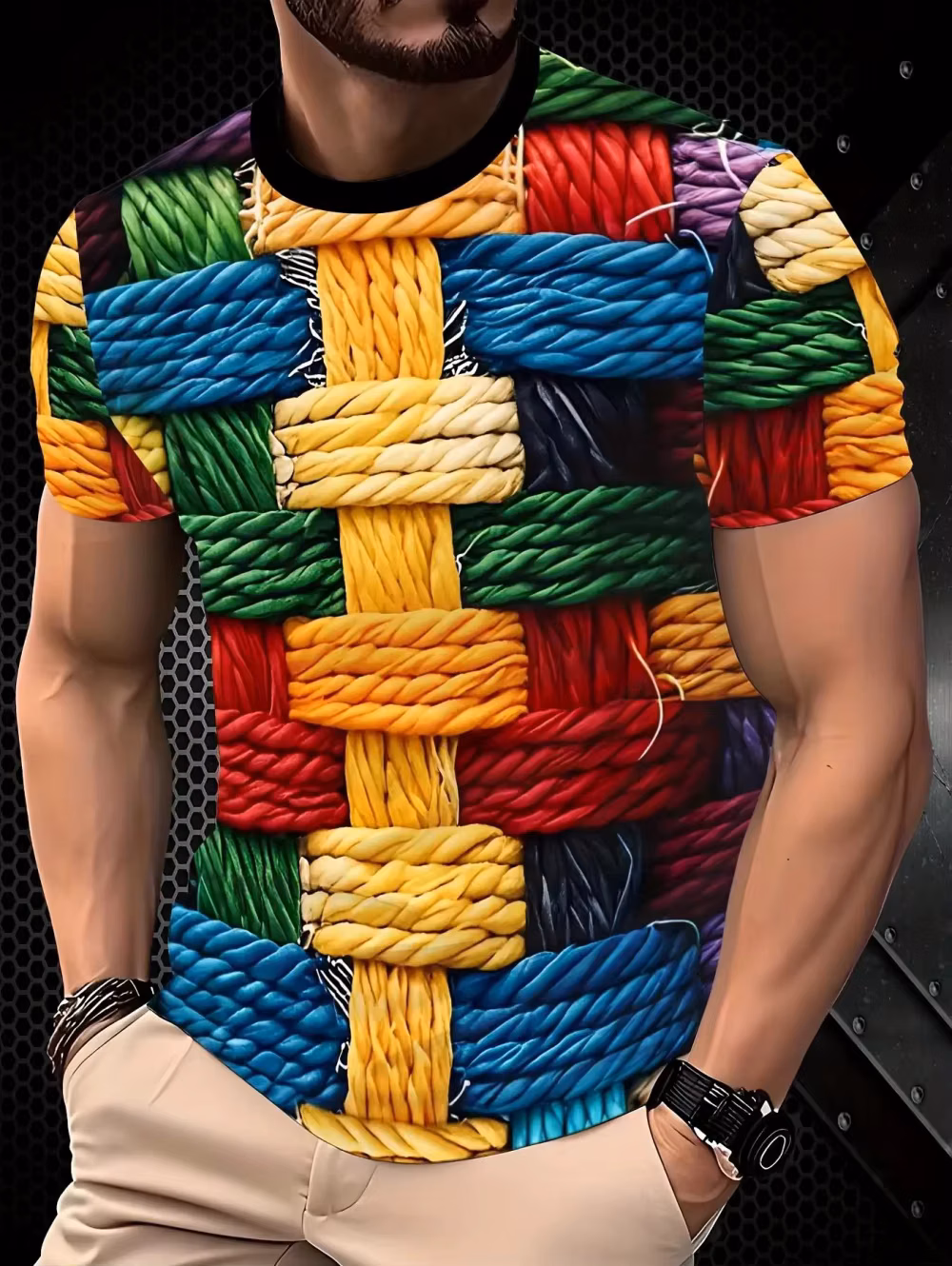 Men's Fashion Digital Print T-Shirt Color-Blocking Design Casual Comfortable Round Neck Short Sleeve Top Daily Wear Men