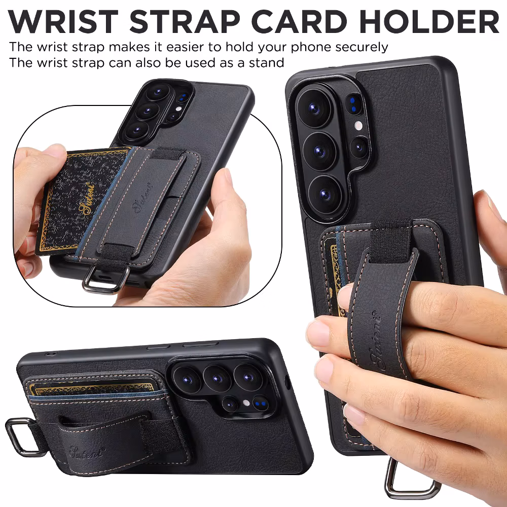 Solid Color Leather Wristband Phone Case for Samsung Galaxy S22 S23 S24 S25 Plus S26 Ultra with Back Wallet Card Slots