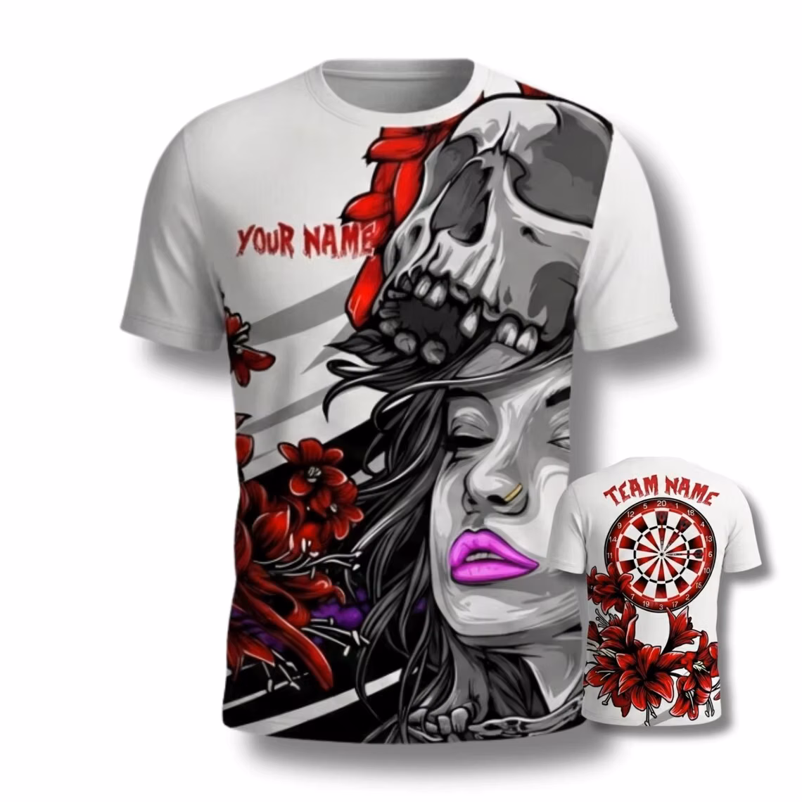 Gothic Skull Girl Darts Shirt, Custom Name & Team, Punk Goth Jersey,Custom Name Sleeve Summer Unisex T-shirt