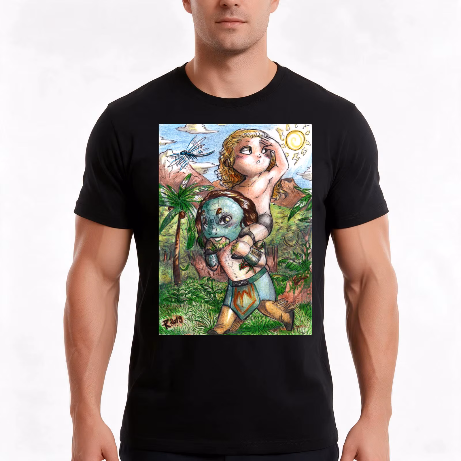 Chibi Luchasaurus and Jungle Boy T-Shirt, Summer Casual Cotton Tee, Oversized Streetwear Tops, Vintage Graphic Print