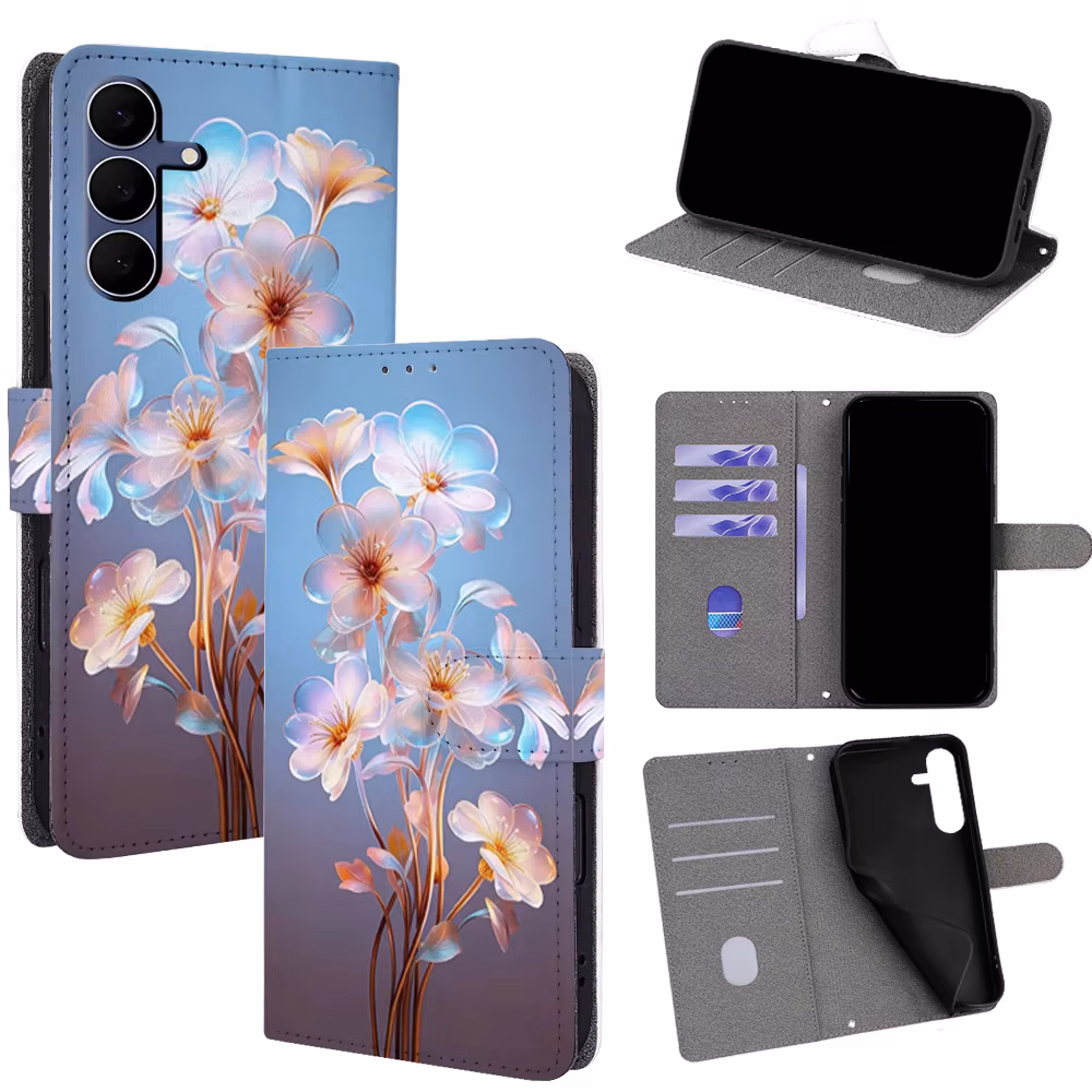 Flower Painting Leather Magnetic Flip Phone Cover for Samsung Galaxy S26 S25 S24 S23 S22 S21 with Built-in Wallet Card