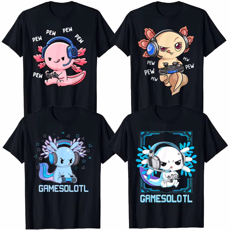 Axolotl Gaming Boys Girls Kawaii Anime Video Game Pew Gamer T-Shirt Gift Cute Gamesolotl Graphic Tee Tops Teens Novelty