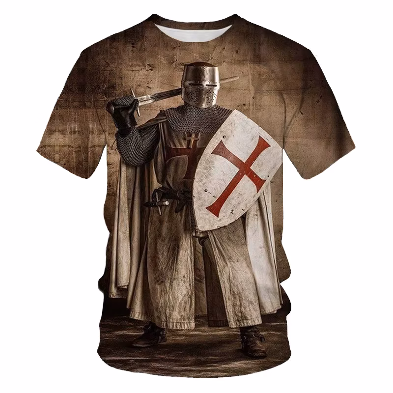 Medieval Knight Templar Print 3D T-Shirt Divine Cross Pattern Men's O-Neck Short Sleeve Casual T-Shirt Vintage Street