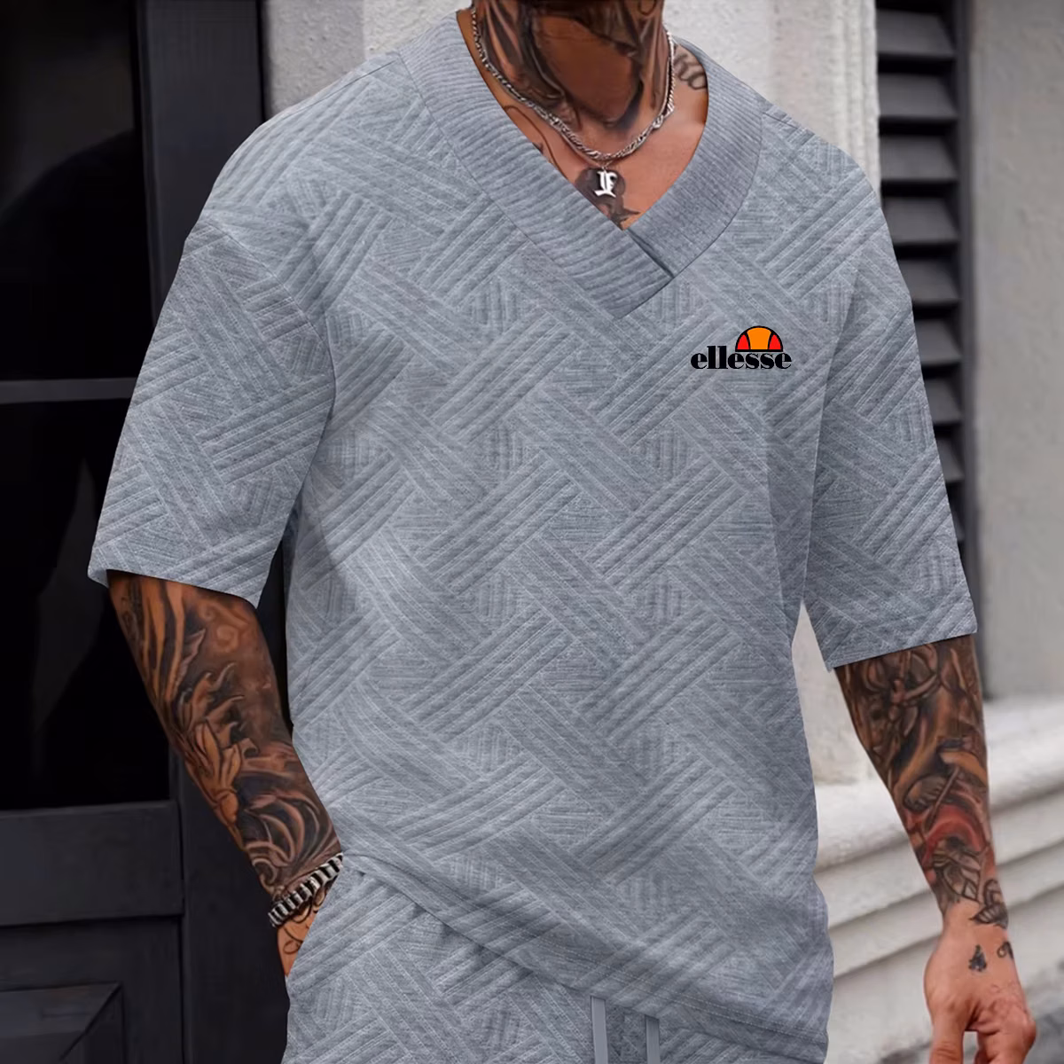Trendy Men's V-Neck Short Sleeve T-Shirt, Lightweight & Moisture-Wicking, Diamond Jacquard Design,Casual Short Sleeve
