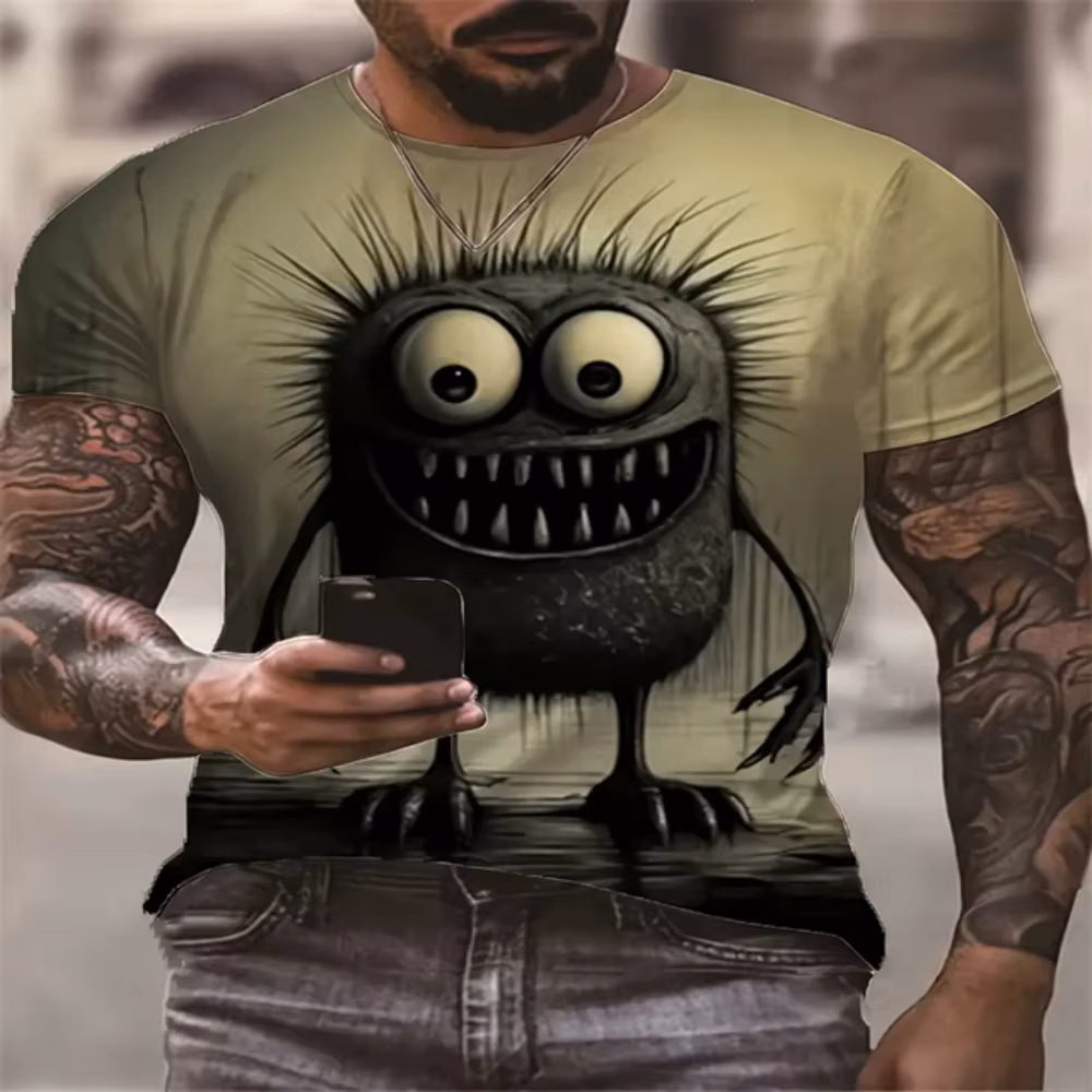 Men's Novel Funny 3D Digital Monster Style Pattern T-Shirt Summer Fashion Leisure Crew Neck Short Sleeve Loose Men's
