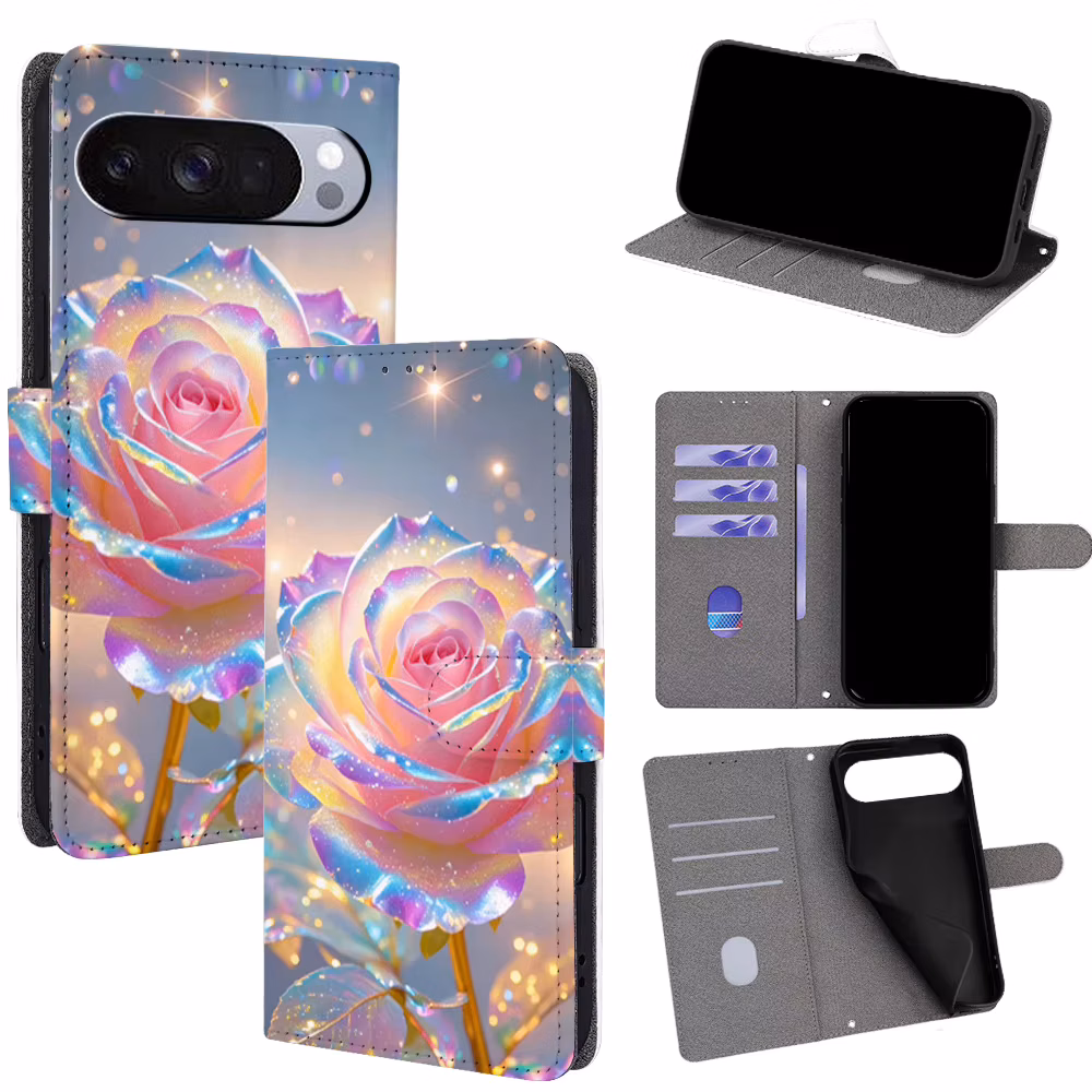 Colorful Flowers Magnetic Flip Phone Cover for Google Pixel 6 7 8 9 10 Pro XL 10a 9a 8a 7a 6a with Built-in Wallet Card