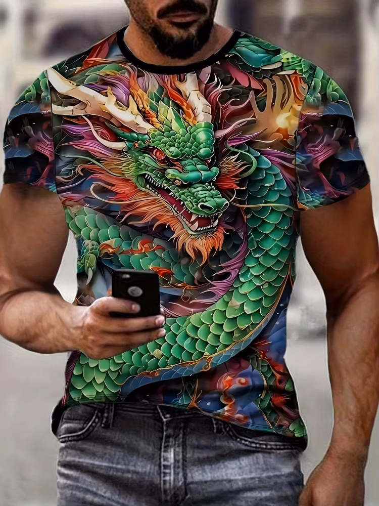 Vintage T-Shirts for Men Green Dragon 3D Print Summer Outdoor Crew Neck Graphic T-Shirts Men Casual Short Sleeves Y2k
