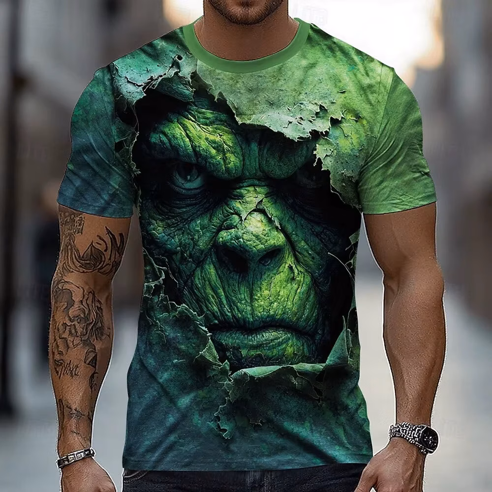 Halloween Men's Optical Illusion 3D Monster Short Sleeve T shirt 3D Print Crew Neck Shirt Horror Party Street Holiday