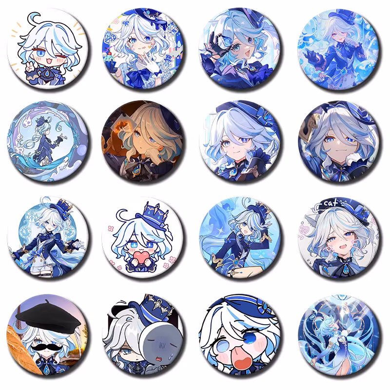58mm 1PC Genshin Impact Focalors Furina Soft Button Brooch Round Game Lapel Pin Cartoon Cosplay Badge Bag Hat Clothes