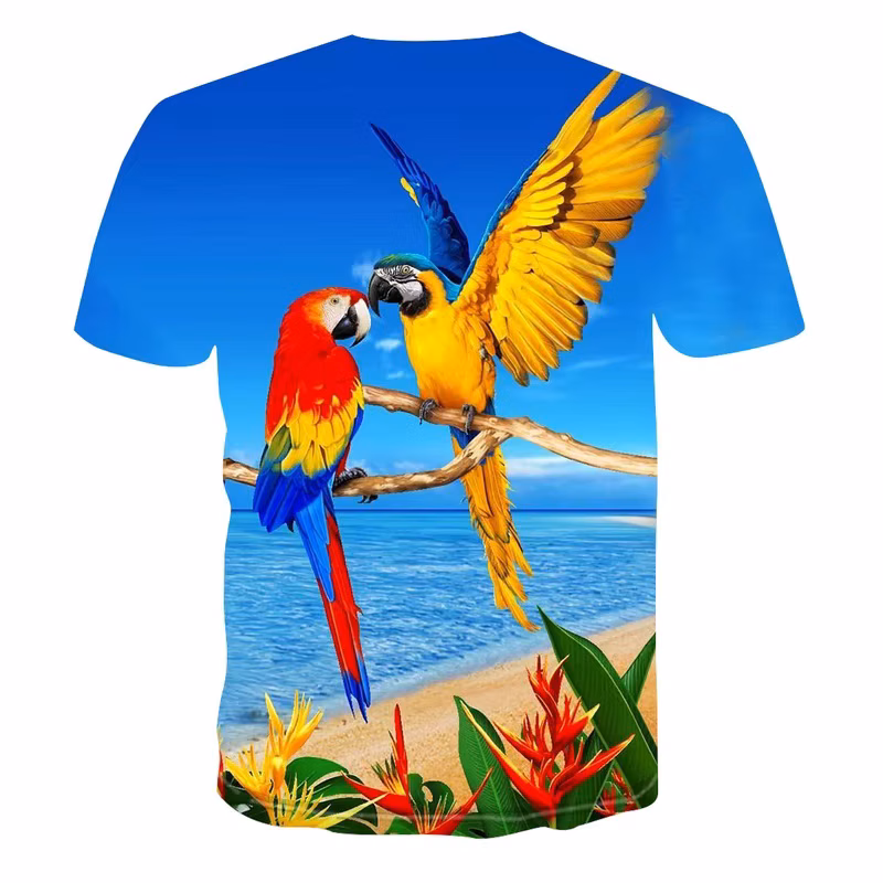 Beautiful Parrot Print Summer Short Sleeve Shirt Men's Children's T-shirt Fashion 3d Bird Pattern Round Neck Top Street