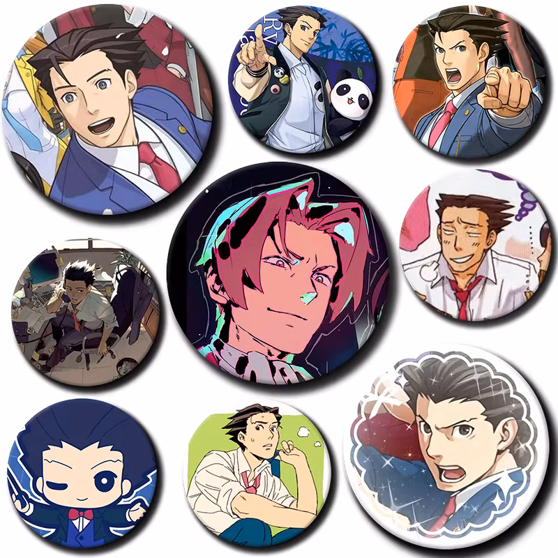 58mm Maya Fey Miles Edgeworth Cartoon Badge Anime Phoenix Wright Ace Attorney Trilogy Brooches Pins for Backpack