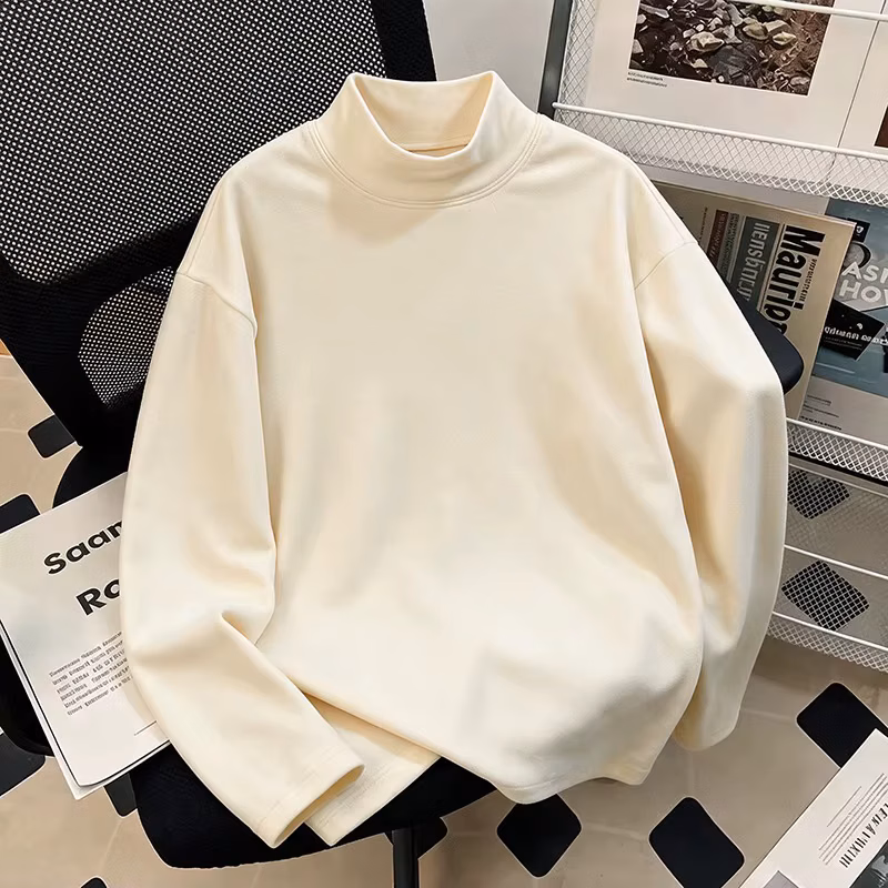 Men Winter New 250g Thermal Brushed Fabric Half High Neck Loose Simple Long Sleeve T Shirt