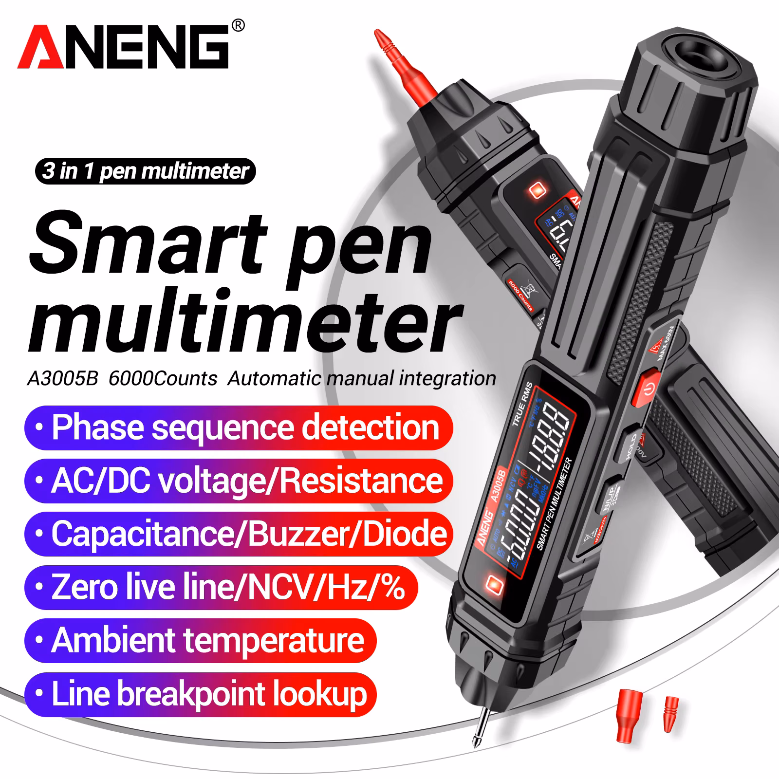 Aneng A3005B True RMS Auto Range NCV Voltage Current Resistance Capacitance Temperature Tester with Backlight for