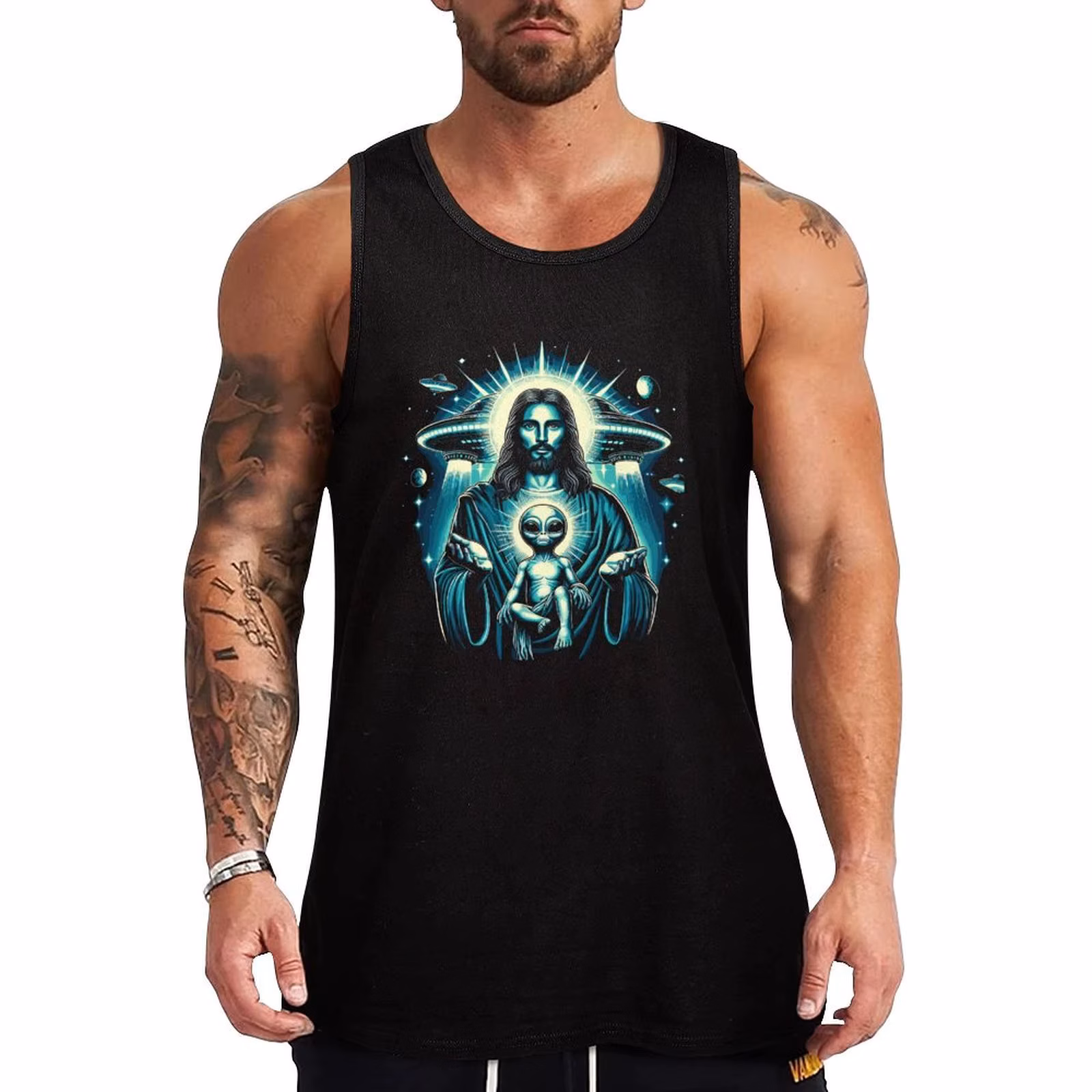 Alien Jesus with Baby and UFO Tank Top Plain Color Sleeveless Shirt Casual Basic Tank Top