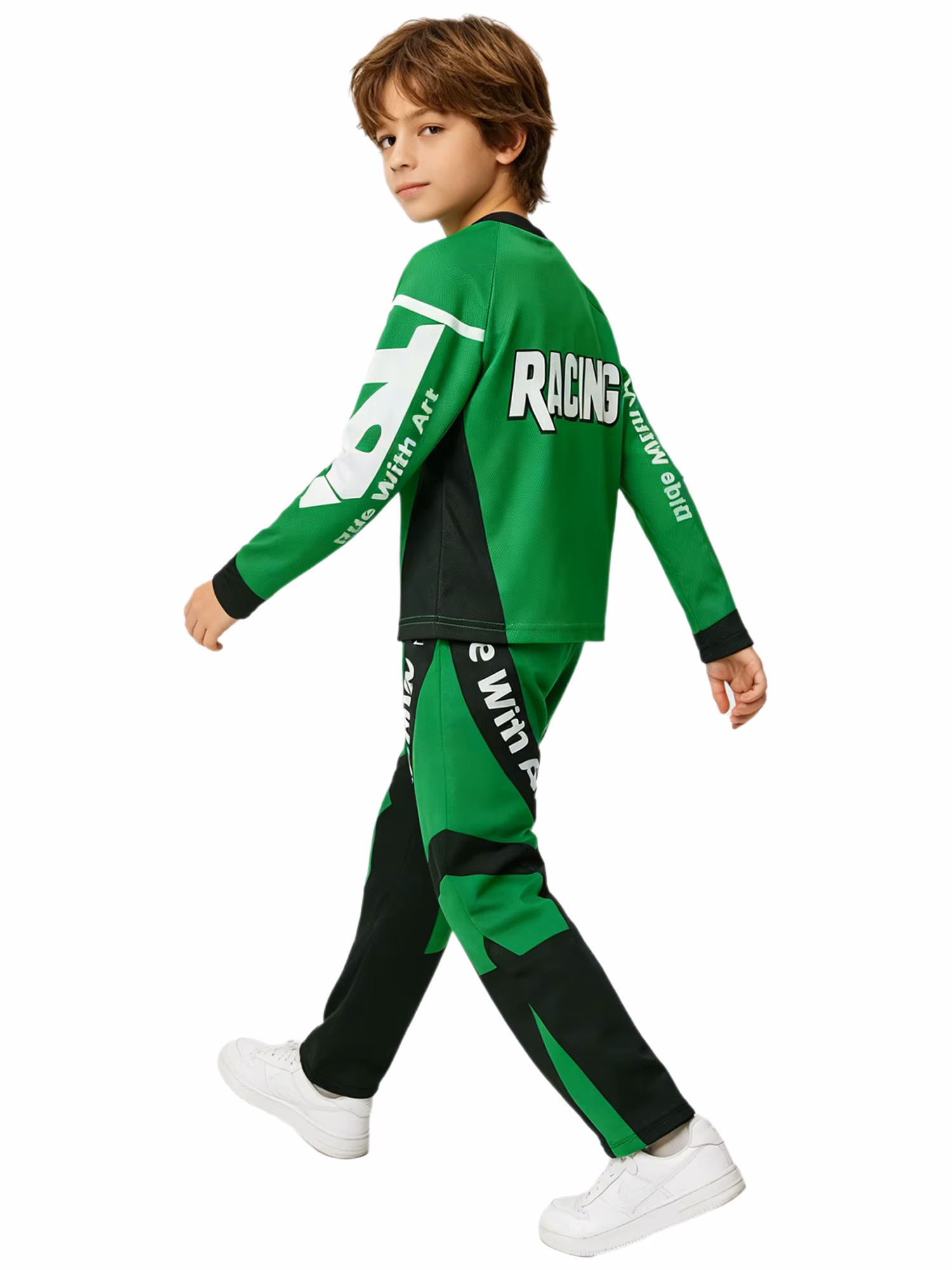 Kids Dirt Bike Riding Outfit Letter Print Color Block V Neck Long Sleeve Jersey with Elastic Pants for Motocross Off
