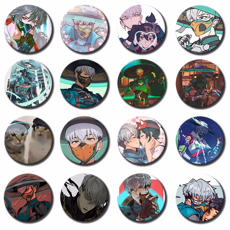 58mm 1PC O-OverwatchES Wuyang Mizuki Badges 58 44 32 75 25 mm Enamel Pin Tinplate Round Brooch Cosplay Nijigen Otaku