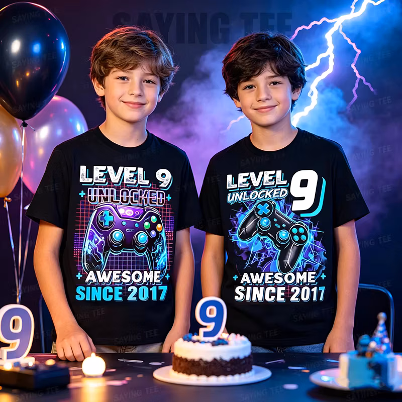 9th Birthday Boy Level 9 Gamer Nine Year Video Game Party T-Shirt Gaming Controller Graphic Saying Tee Tops Short
