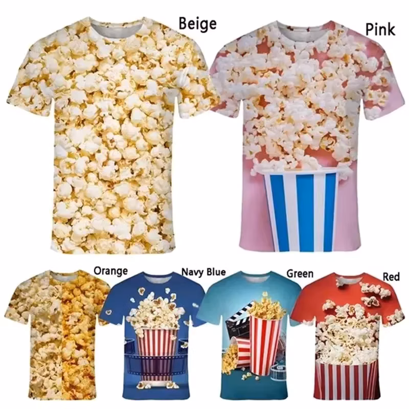 2026 Trendy 3D Printed Popcorn Graphic Unisex Short Sleeve T Shirt Summer Casual Streetwear Top