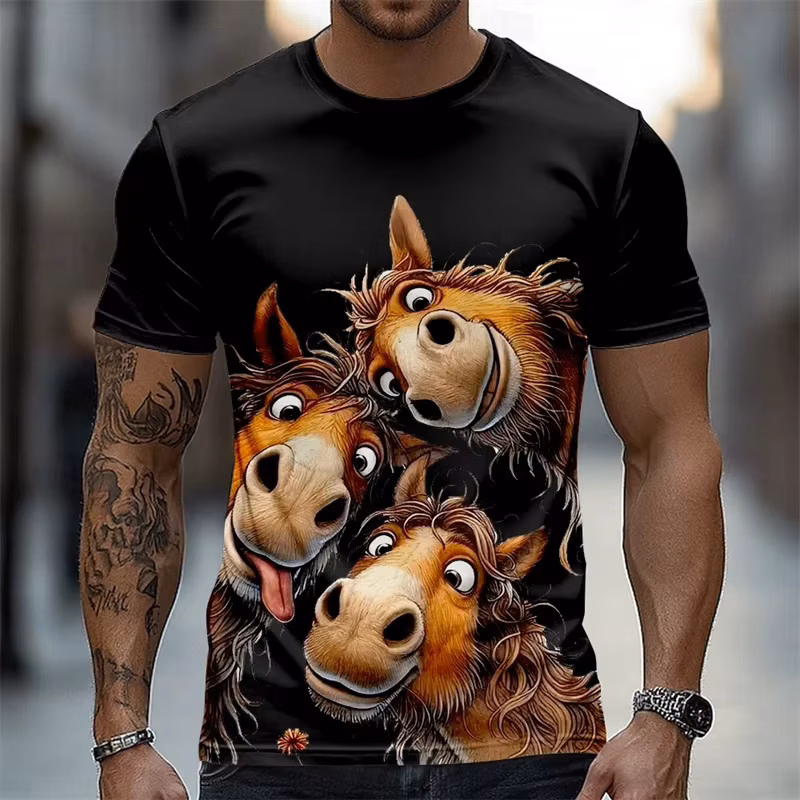 Cartoon Anime Horse Graphic T-shirt For Men Funny Casual 3D Animal Print O-neck Breathable Tee Shirts Summer Daily