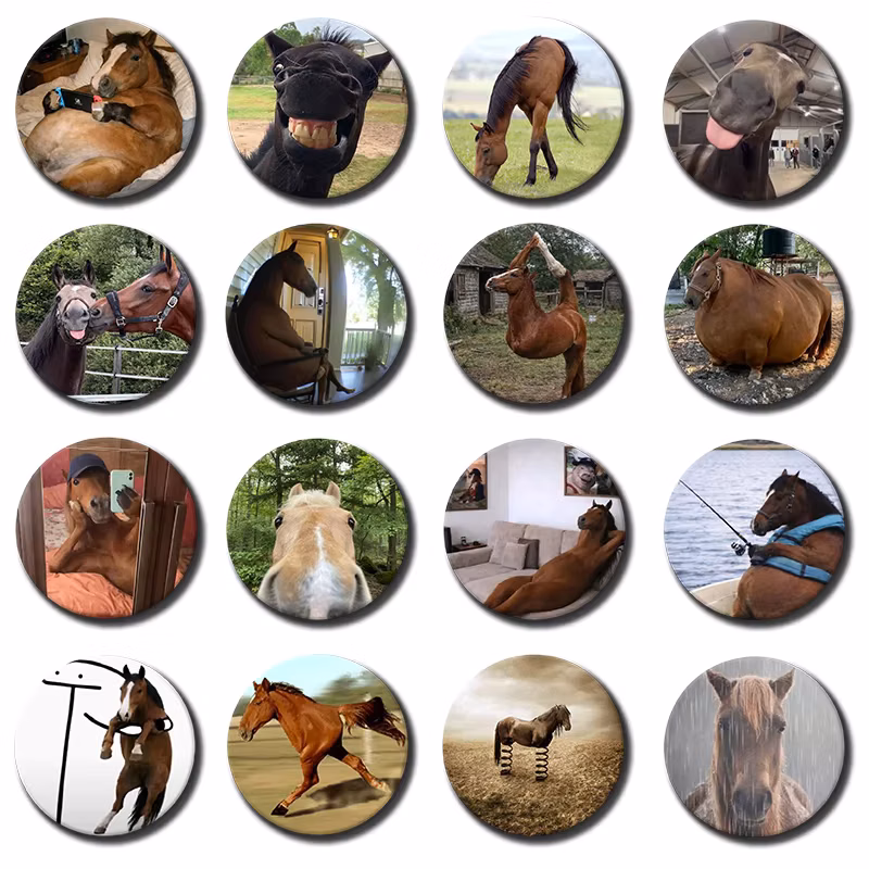 58mm Horse Funny Meme Soft Button Pin Animal Memes Brooches Badge Bag Decor Fun Accessories Friends Gifts 1PC