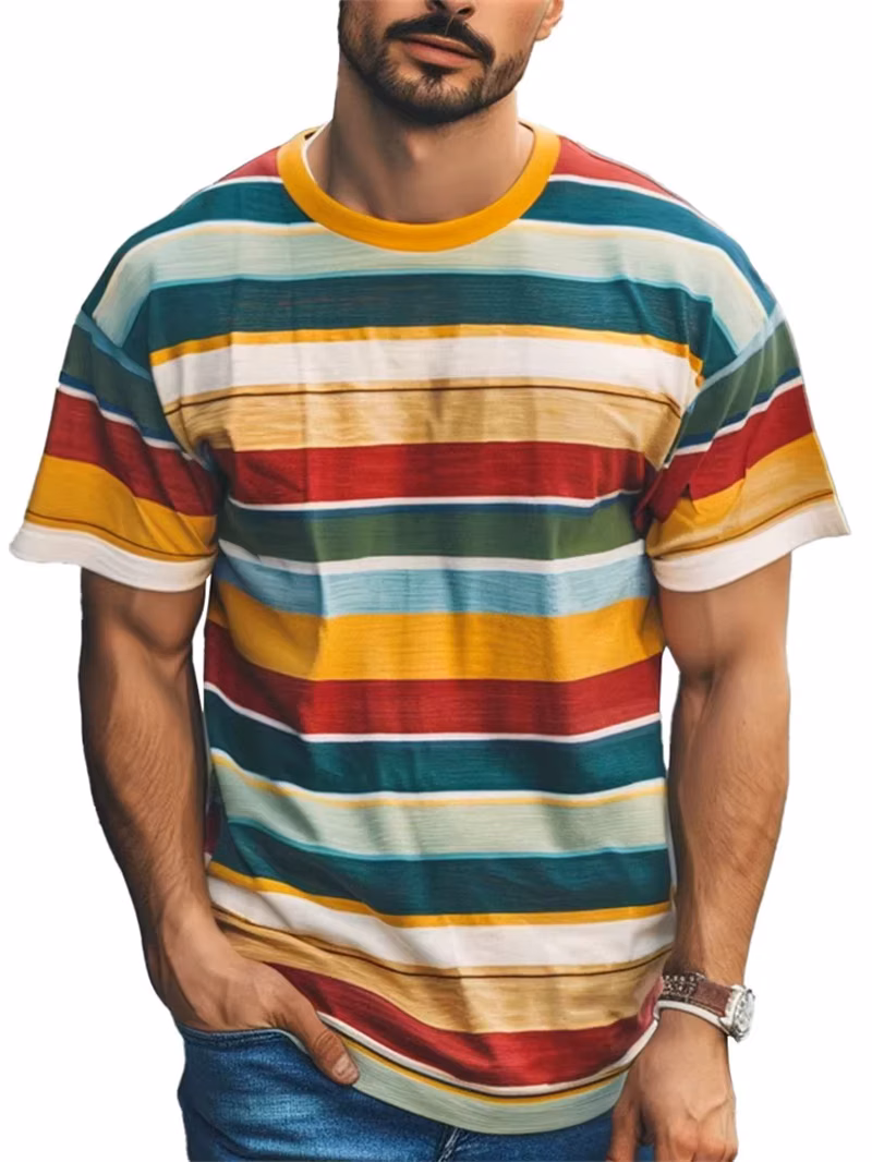 Simple Stripe Printed T Shirts For Men Summer Casual O-neck Short Sleeve Tops Fashion Comfortable Breathable Tees Daily