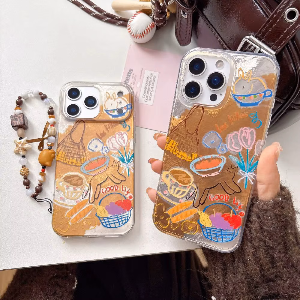 Fashion Colorful Cat Pattern Phone Case for iPhone 17 16 15 14 Pro Max with Wrist Strap