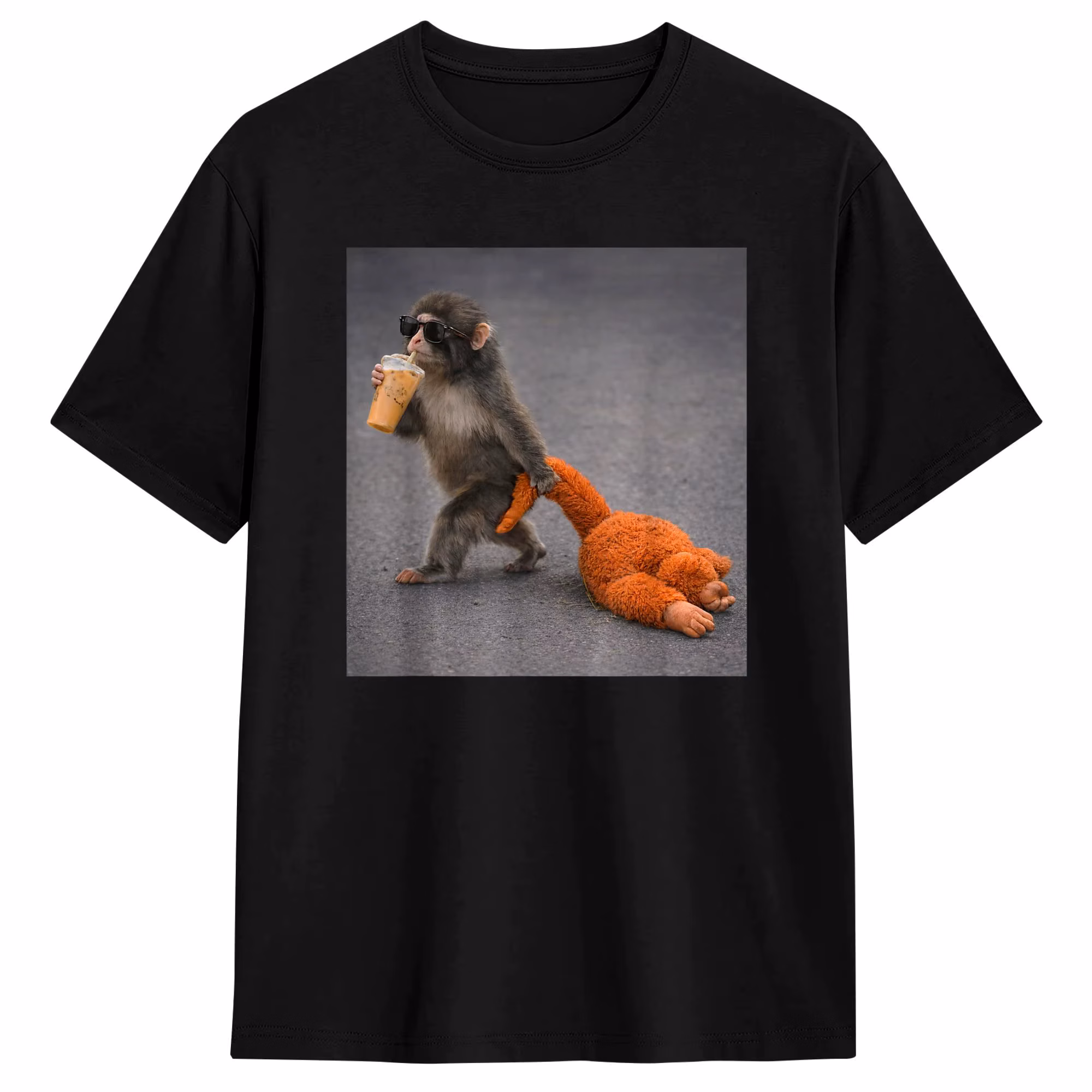 Men's Baby Monkey Punch Drinking Iced Coffee T Shirts Cotton Tops Casual Short Sleeve Round Neck Tees Birthday Present