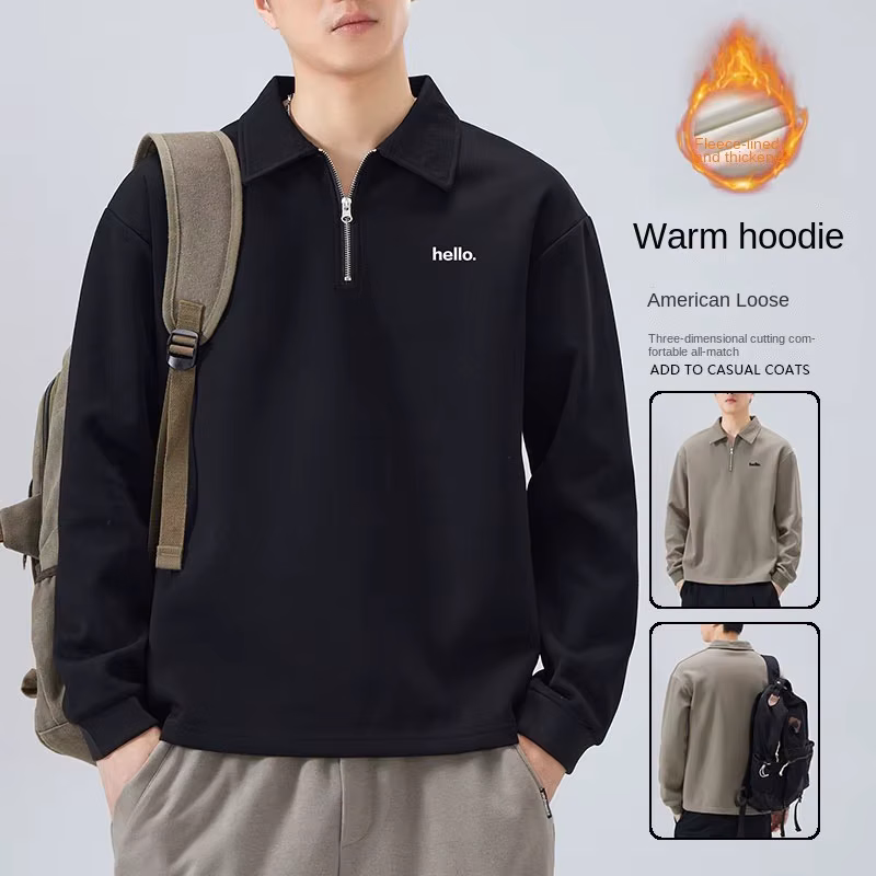 Mens Fleece Lined Lapel Long Sleeve Polo Shirt Autumn Winter Thick Warm Casual Loose Solid Color Male Polo Top