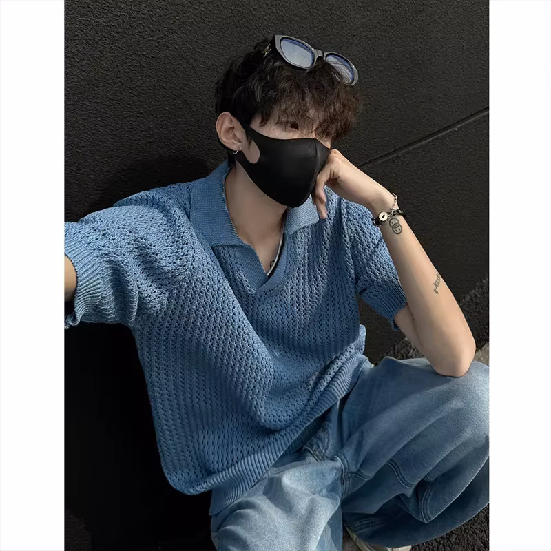 Knitted Short Sleeve Boys Summer American High Street Polo Shirt Lapel Half Sleeve Top Pullover T-Shirt