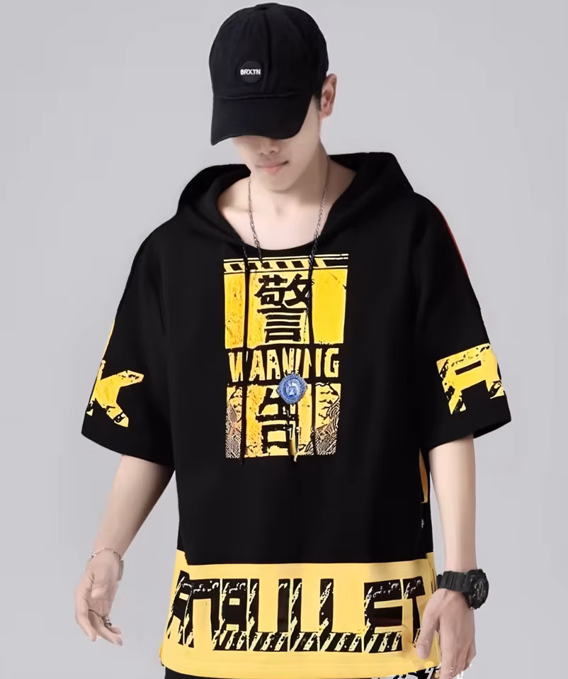 New Men T-shirt Korean Hooded T-shirt Fashion Harajuku Short Sleeve Top Hip Hop T Shirts Mens Summer Print Men Clothing