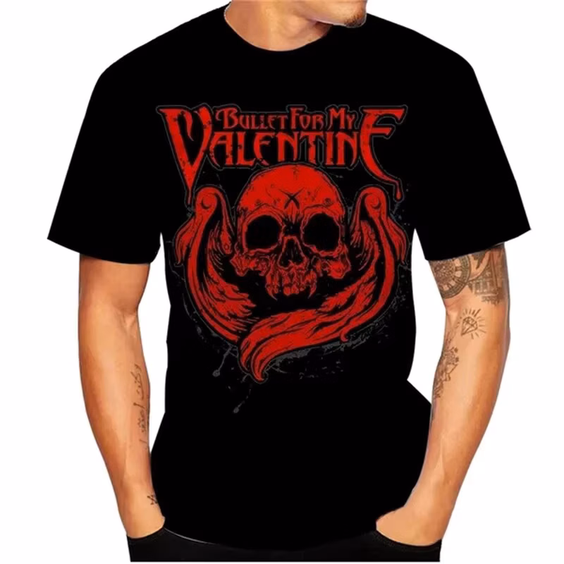 Casual Retro Men's T-shirt, Gothic Red Skull Wings Print Heavy Metal Band Casual Graphic Tee For Men Women