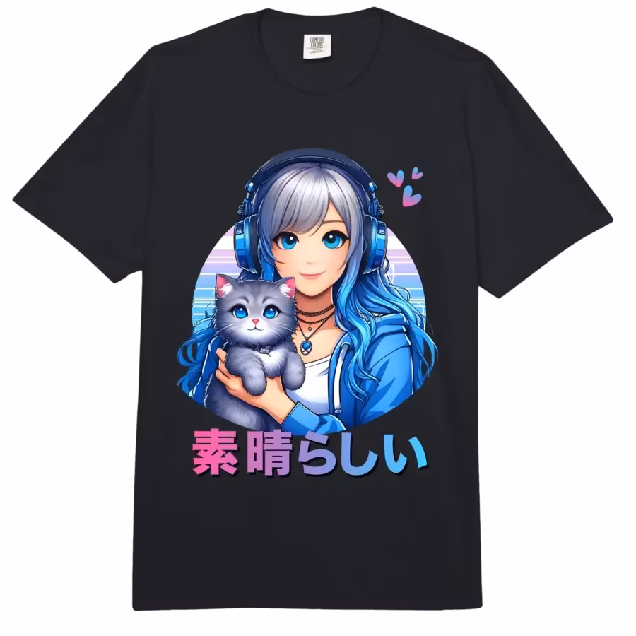 Cute Anime Girl with a Cat for Cat Lover Kawaii Otaku Manga T-shirt For Men Women 100% Cotton T Shirts Short Sleeve